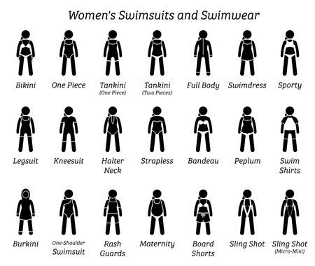 Women swimsuits and swimwear. Stick figures depict different types of swimming suits fashion wear by woman, lady, girl, or female.のイラスト素材
