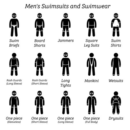Men swimsuits and swimwear. Stick figures depict different types of swimming suits fashion wear by man or male.のイラスト素材