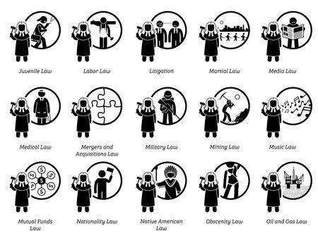 Different type of laws. Icons depict field and area of lawsのイラスト素材