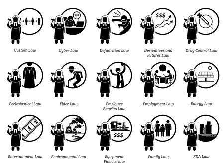 Different type of laws. Icons depict field and area of lawsのイラスト素材