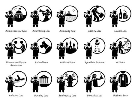 Different type of laws. Icons depict field and area of lawsのイラスト素材