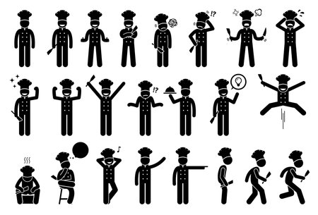 Chef basic poses, feelings, actions, and emotions. Stick figures shows the chef or cook is feeling happy, sad, angry, and successful. Other actions include standing up, sitting, walking, and running.の素材 [FY310115984575]