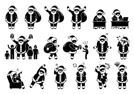 Santa Claus basic postures and feelings pictograms. Stick figure depict various poses and emotions of Santa Claus during Christmas. Icons also include using computer and giving gift to children.のイラスト素材