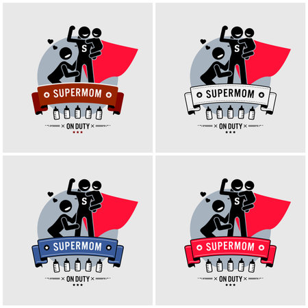 Super mommy or supermom logo design. Vector artwork of a mother being a superhero taking care of her baby, while the father is happy and admiring her.のイラスト素材