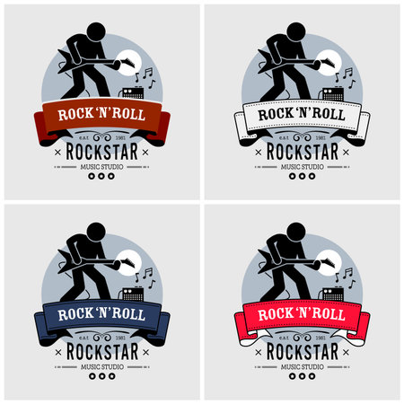 Rock and roll logo design. Vector artwork of a rock star playing a guitar in retro style. The guitarist is using an electric guitar connected to an amp.のイラスト素材
