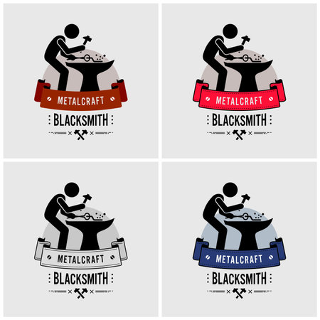 Blacksmith metal work logo design. Vector artwork of a blacksmith forging and crafting ironwork.のイラスト素材