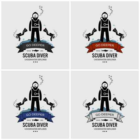 Scuba diving logo design. Vector artwork of scuba diver exploring the underwater, swimming, and posing in an ocean adventure.のイラスト素材