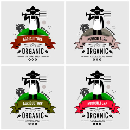 Farmer farming logo design. Vector artwork of a farmer posing in front of a crop field with barn house. Concept of organic farming and agricultural.のイラスト素材
