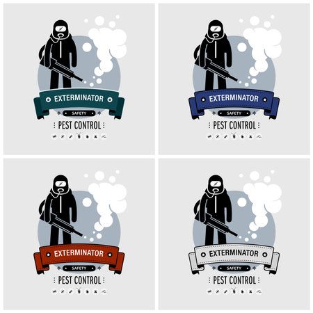 Exterminator logo design. Vector artwork of pest control company with a person carrying a fogging smoke sprayer to kill mosquitoes and other insects.のイラスト素材