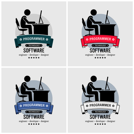 Programmer logo design. Vector artwork of an IT specialist coding and programming with a computer.のイラスト素材