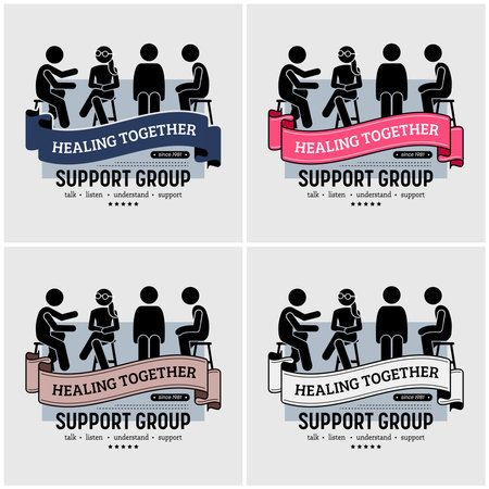 Support group centre logo design. Vector artwork of people sitting together and supporting each other by talking, listening, understanding, and giving advise on their problems.のイラスト素材