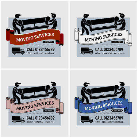 Moving services company logo design. Vector artwork of mover workers carrying a sofa or couch for relocation. Using lorry or truck as the mode of transportation.のイラスト素材