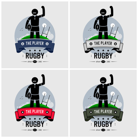 Rugby club logo design. Vector artwork of strong rugby player holding a ball posing in front of a field.のイラスト素材
