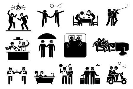 Gay couple lifestyle and activities. Illustrations depict two gay men enjoying each other companion and doing a lot of activities together in life.のイラスト素材