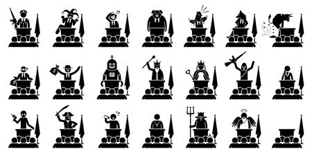 Different type of politician, president, prime minister, or ruler of a country giving speech. Artwork depicts the many kind of faces, characters, and personalities of a politician in the government.のイラスト素材