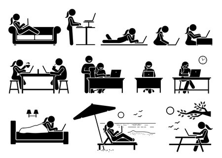 Woman using computer on different postures, poses, and places. Artwork depicts girl use a laptop to access and browse Internet at home, office, cafe, bedroom, beach, and outdoor park.のイラスト素材