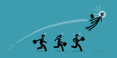 Businessman turns into frog and jump over all his competitors in one leap. Vector artwork concept depicts business leapfrog, overtake, advancement, success innovation, breakthrough, and winning. のイラスト素材