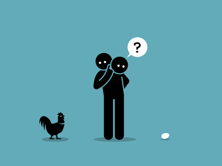 Chicken or Egg. Who come first argument. Vector artwork showing a man looking at both a chicken and an egg and wondering which came first.のイラスト素材