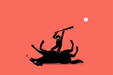 Don't beat a dead horse. Vector artwork showing a man beating an already dead horse with a stick. Concept of waste of time, no result, useless, and impossible.のイラスト素材