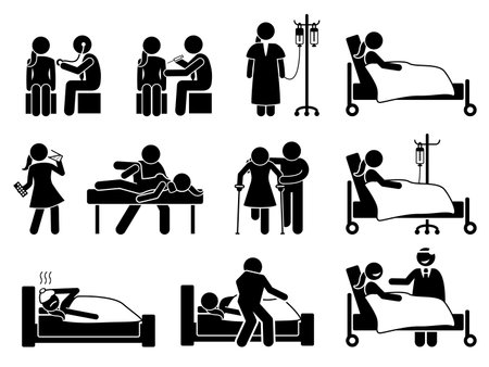 Sick, illness and injury treatment, medication, and rehabilitation for woman at hospital and home. Stick figures depict female body checkup, hospital patient, IV drip, injection, and physiotherapy.のイラスト素材