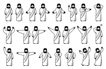 Jesus Christ basic standing postures, poses, and actions. Stick figure pictogram of Jesus Christ with different gestures, emotions, and expressions, and feelings. のイラスト素材