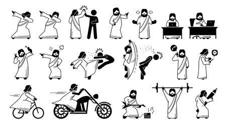 Funny Jesus Christ illustrations, stick figure, and icons. Pictogram depict humorous Jesus Christ cartoon with dabbing, high five, using computer, selfie, attacking, playing phone app and riding bike.のイラスト素材