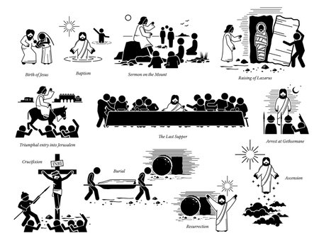 Life of Jesus Christ and important key events. Artwork of birth of Jesus, baptism, sermon on the mount, raising Lazarus, entry to Jerusalem, the last supper, crucifixion, resurrection, and ascension. のイラスト素材