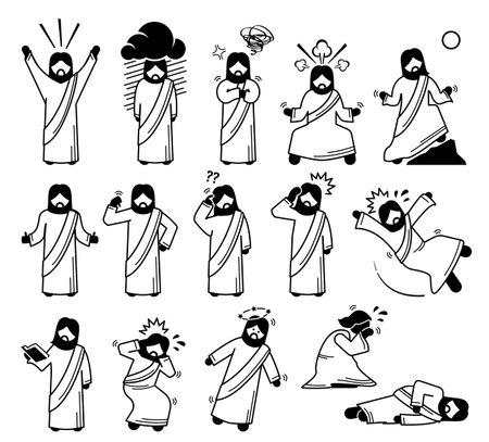 Jesus Christ emotions, feelings, expressions, and actions in icons pictogram. Stick figure of Jesus Christ feeling happy, sad, and angry. Other actions are thumb up, face palm, reading, cry, and fell.のイラスト素材