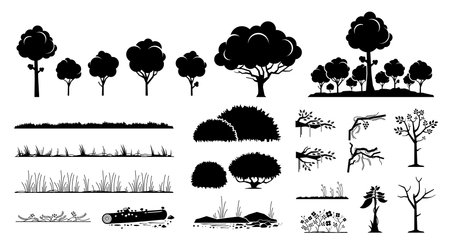 Tree, plants, and grass vector graphic design. A set of tree, foliage, grass, forest, flower, bushes, branches, and vines in black silhouette style.のイラスト素材