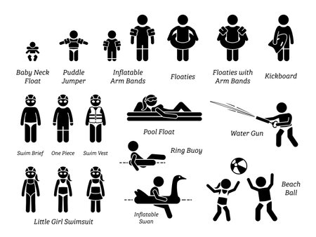 Children and kids swimming aids, safety equipment, recreational gears, and swimming pool water toys stick figure icons pictogram. Illustration cliparts of baby, toddler, and children swimming product.のイラスト素材