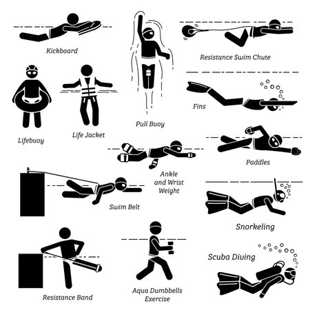 Swimmers using swimming gears, tools, and equipment for training in stick figure pictogram icons. Set of graphic illustrations depict training gears, products, and equipment for swimming activities.のイラスト素材