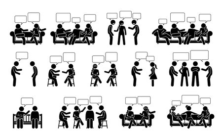 People conversation and communication with one another stick figure pictogram icons. Vector illustrations depict people or friends talking and chatting to each other in sitting and standing positions.のイラスト素材