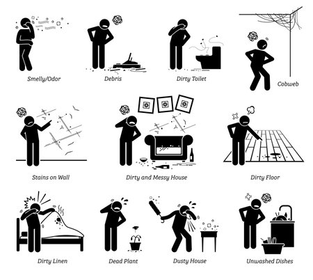 Dirty and messy house stick figure pictogram icons. Vector illustration of a person complaining about a poorly maintained house that is old, dirty, and messy.のイラスト素材