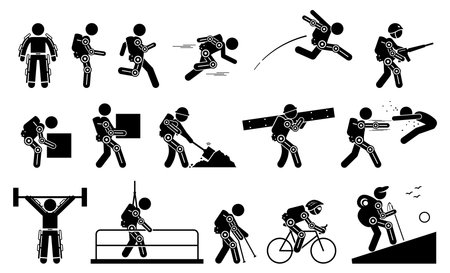 Human wearing futuristic exoskeleton body for bionic power stick figure pictogram icons. Vector illustrations of man with exoskeleton suit for strength, military, construction, medical, and sport.のイラスト素材