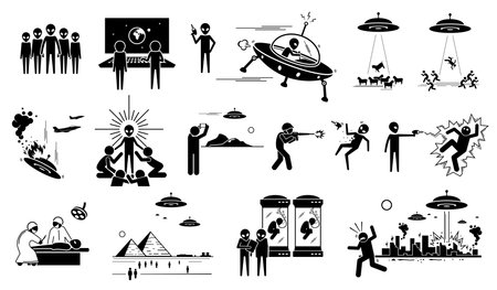 Alien UFO invasion on human in planet Earth. Vector illustration of alien abduct human and animals for experiment. Invader killing people and destroy cities. Soldier retaliate with war against alien.のイラスト素材