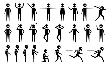 Basic alien UFO body poses and postures stick figure pictogram icons. Vector illustrations of alien standing, moving, talking, walking, running, and other movement actions.の素材 [FY310137742622]