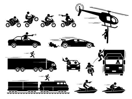 Movie action hero car motorcycle chase scene. Vector of people chasing and shooting with gun at car, motorcycle, and jet ski. Stunt man hanging on helicopter and running on top of train and truck.のイラスト素材