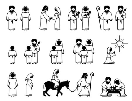 Virgin Mary, Saint Joseph, and Jesus Christ stick figures. Vector illustration of baby and young Jesus Christ with his father and mother. Visitation from God to Mother Mary. Baby Jesus on manger.のイラスト素材