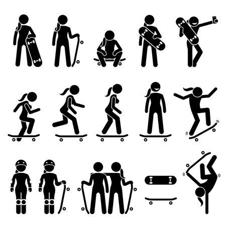 Female skater skating on skateboard stick figure icons. Vector illustrations of girl skateboarder poses, postures, and actions while playing skateboard.のイラスト素材