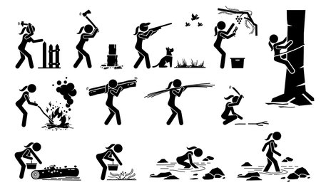 Woman living in traditional lifestyle in the forest or jungle stick figure icons. Vector illustrations of a girl surviving in the woods by hunting, searching foods, making fire, and climbing tree.のイラスト素材