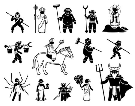 Journey To The West characters icons set. Vector illustrations of legendary heroes and villains of the Chinese mythology.のイラスト素材