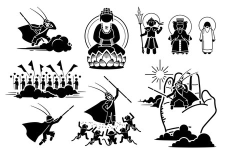 Journey to the West, Sun Wukong challenge and fighting at heaven icons. Vector illustrations of Monkey King vs Gods and Buddha.のイラスト素材
