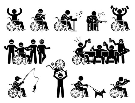 Happy disabled man doing various activities, hobbies, and leading a normal life stick figures icons. Vector illustrations of a person on wheelchair having a good social life, exercise, and recreation.のイラスト素材