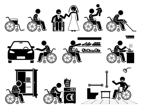 Disabled person on a wheelchair leading a normal life stick figure icons. Vector illustrations of a happy independent self reliance handicapped man doing daily activities and are self capable.のイラスト素材