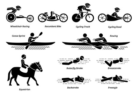 Disabled racing sports and games for handicapped athlete stick figures icons. Vector symbols of wheelchair racing, cycling, rowing, equestrian and swimming activities for people with disabilities.のイラスト素材