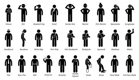 Man men wearing body fashion accessories. Vector artwork of people wearing different type of fashion accessory style and design for male.のイラスト素材