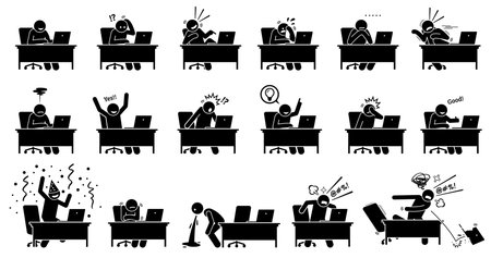 Man using computer reactions towards the online news and things he see and read from the Internet. Vector illustrations of a person reacting and showing different emotions at his laptop.のイラスト素材