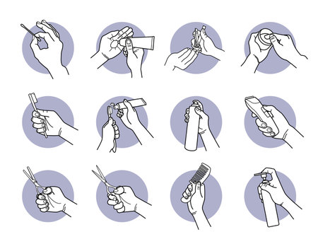 Hand holding and using grooming tools, equipment and products. Vector illustrations of cotton bud, cream, lotion, gel, fingernail cutter, toothbrush, shampoo, hair clipper, scissor, and comb.のイラスト素材