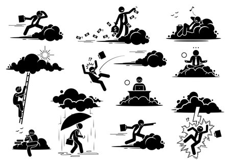 Businessman working in the cloud or sky. Vector illustrations of a business man flying, throwing money, resting, working, and reading on a cloud. Bad luck person struck by lightning or thunder.のイラスト素材