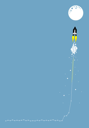 Space rocket fly to the moon, concept of stock market breakout and share surge up. Vector illustration of financial success, bullish trend, investment gain, volatile graph chart, and trading growth.のイラスト素材
